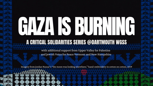 Image of artwork based on traditional Palestinian embroidery with brief text advertising the "Gaza is Burning" event series
